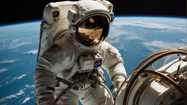 Astronauta no espaço com a Terra ao fundo