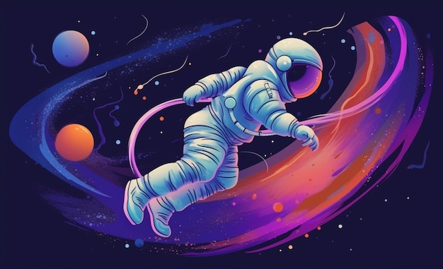 Astronauta no espaço exterior com redemoinhos coloridos e planetas AI Generative