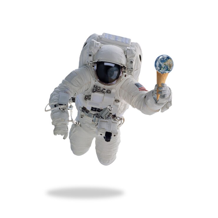 Foto astronauta no espaço sideral com casquinha de sorvete terra
