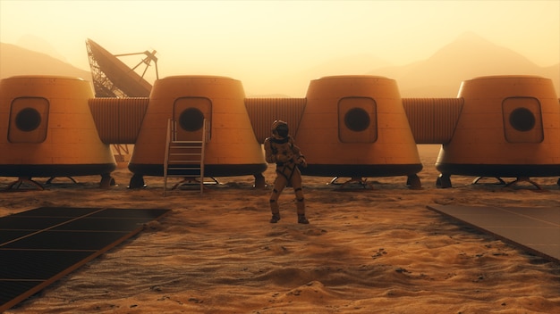Astronauta no planeta Marte realizando uma dança em sua base.