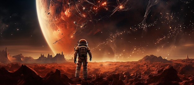 Astronauta no planeta vermelho Marte para explorar o espaço visualiza imagem gerada por IA