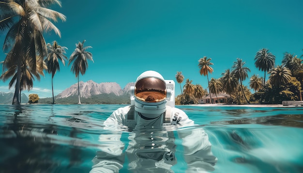 Astronauta nos trópicos no mar em conceito de primavera de cor néon