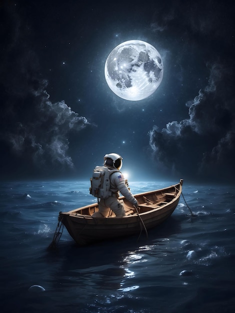 Astronauta num barco à noite Mídia mista Mídia mista