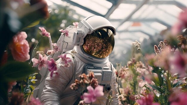 Foto astronauta num planeta alienígena numa estufa com flores