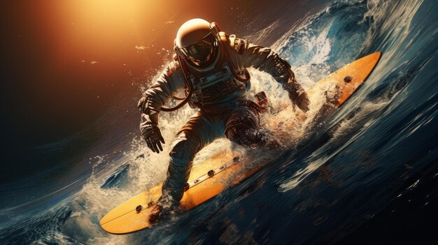 Astronauta numa prancha de surf