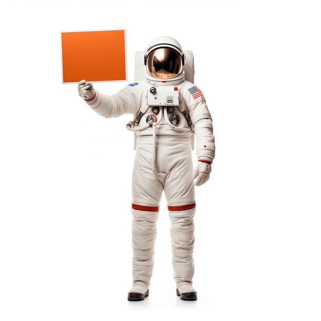 un astronauta con un objeto naranja en la mano
