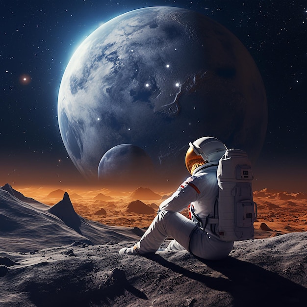 astronauta observando o planeta formar a superfície da lua