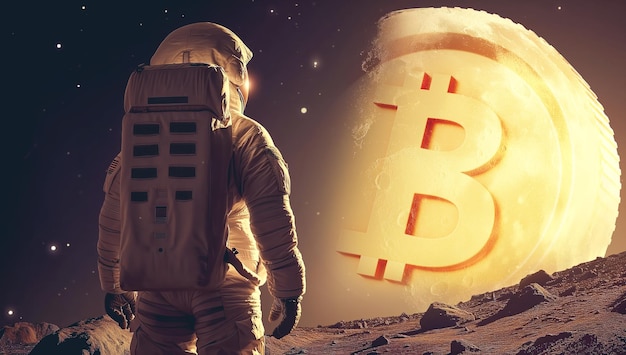 Astronauta olhando para o grande grande planeta bitcoin Ai ilustração generativa