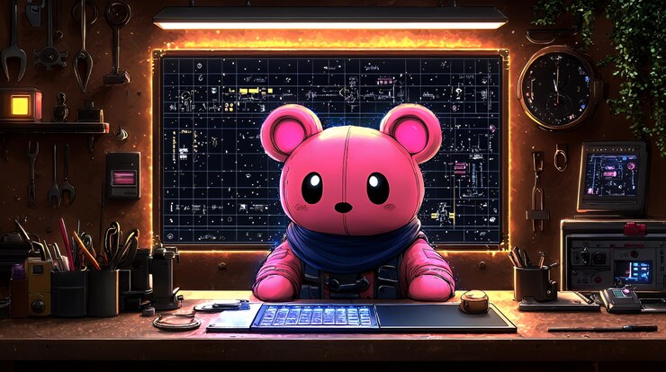 Foto astronauta oso rosado trabajando en un escritorio con vista al espacio