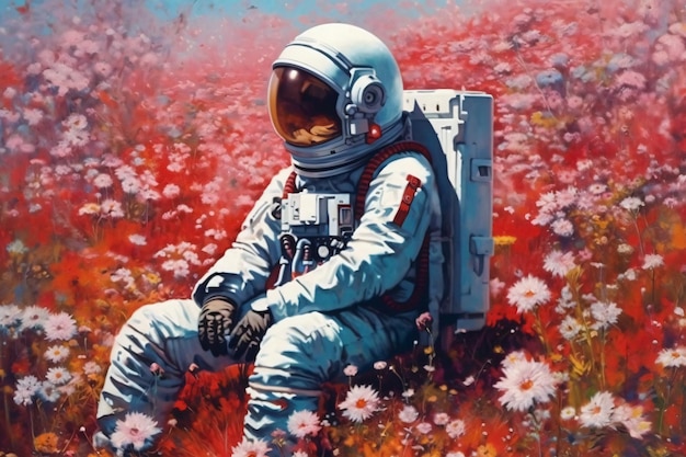 Un astronauta en otro planeta en un campo de flores de colores