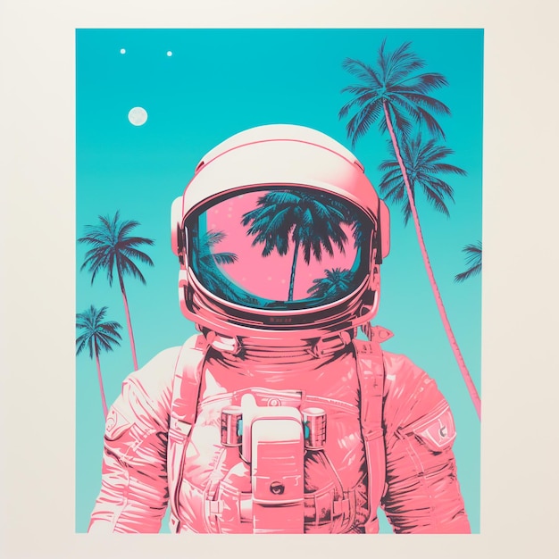 Astronauta con palmeras en colores rosados