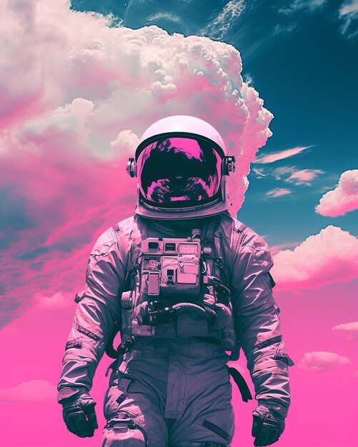 Astronauta con palmeras de colores rosados