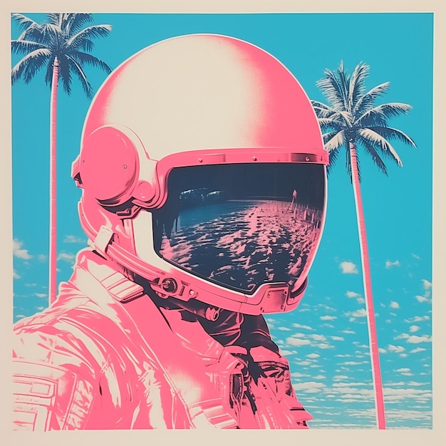 Astronauta con palmeras en colores rosas.