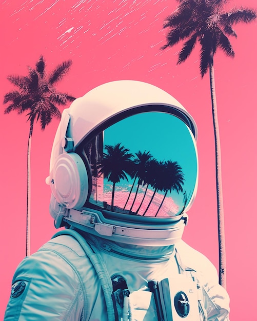 Astronauta con palmeras en colores rosas.