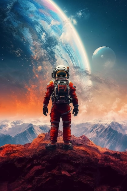 un astronauta parado en la cima de una montaña del vibrante planeta AI generativo