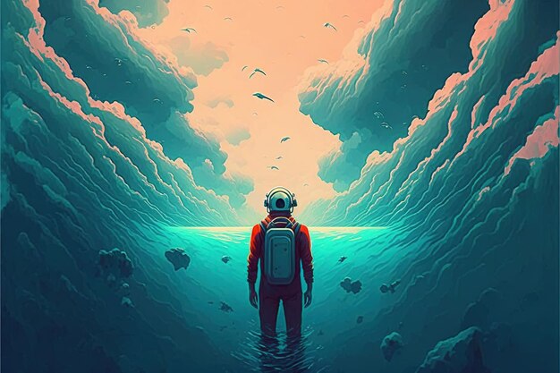 Astronauta parado en el mar extraño y mirando el planeta en el cielo ilustración de estilo de arte digital pintura ilustración de fantasía de un astronauta en el mar