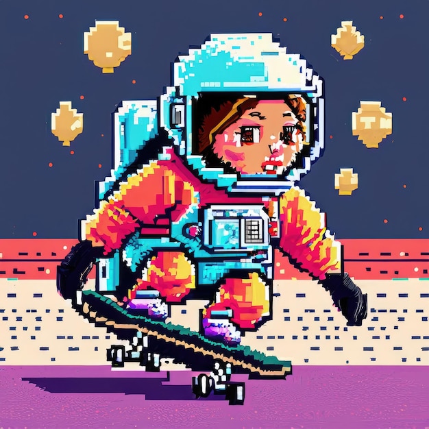 Astronauta patinando en el pixel art espacial