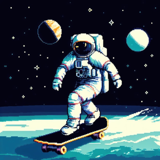 Astronauta patinando en el pixel art espacial