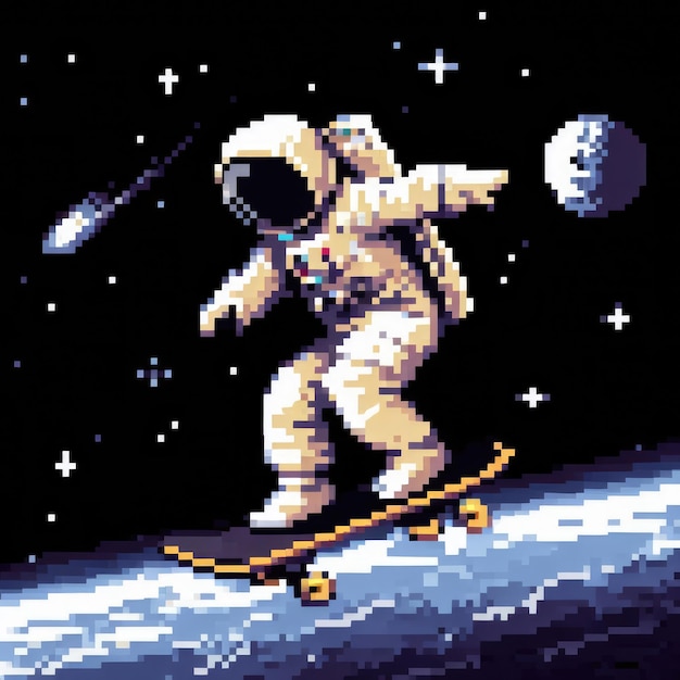 Astronauta patinando en el pixel art espacial