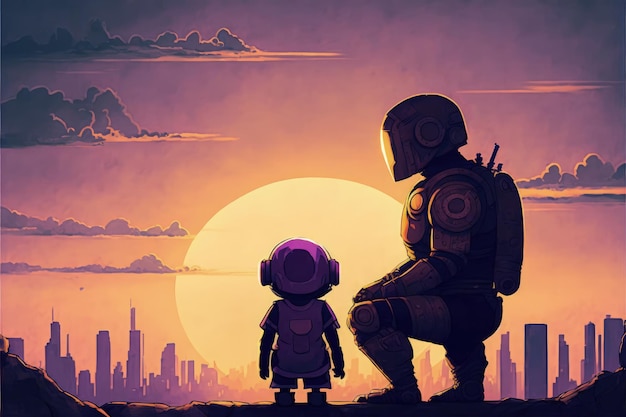 Astronauta y pequeño droide observando metrópolis futurista Concepto de fantasía Pintura de ilustración IA generativa