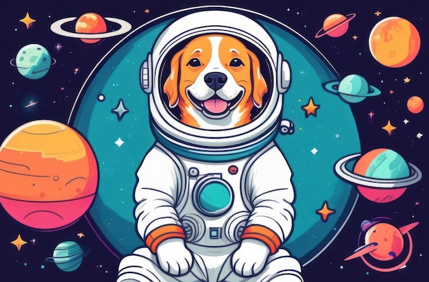 Astronauta perro en un traje espacial camina en el espacio exterior Día de la Cosmonáutica