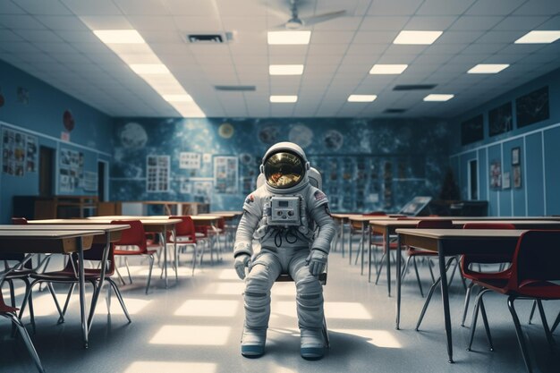 Un astronauta de pie en un aula de escuela surrealista