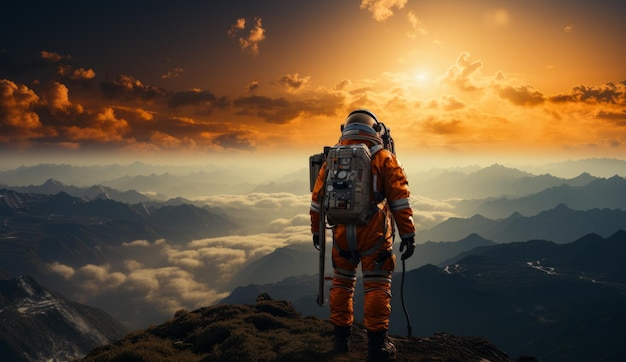 Un astronauta de pie en la cima de una majestuosa montaña Un astronauta de pie en la cima de una montaña