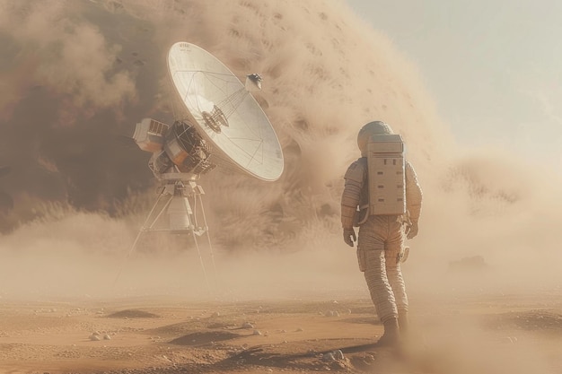 Astronauta de pie junto a una antena parabólica