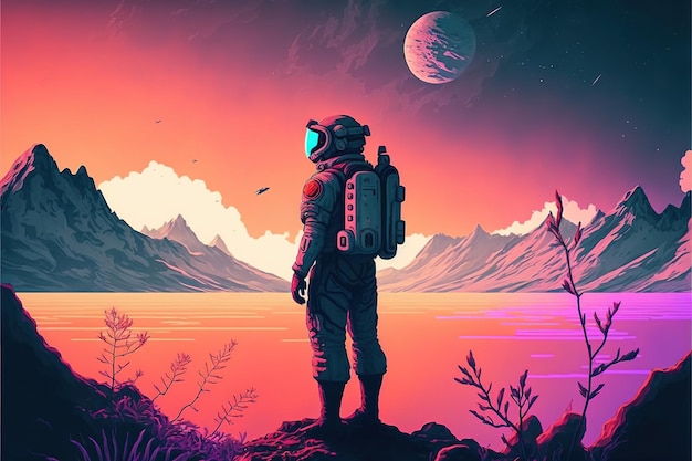 Astronauta de pie mirando el paisaje natural en el nuevo planeta estilo de arte digital ilustración pintura concepto de fantasía de un astronauta en otro planeta