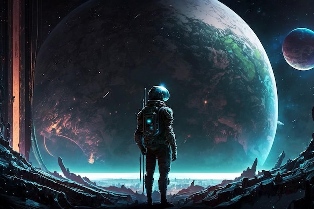 Un astronauta de pie y mirando un planeta enorme Ilustración generativa de ai