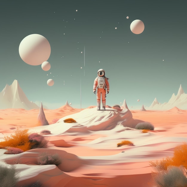 astronauta de pie en el planeta renderizado en 3D