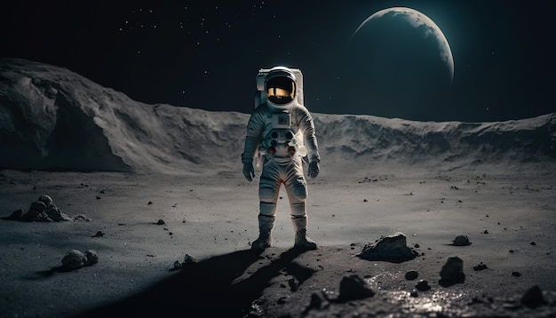 Astronauta de pie sobre un suelo de alienígena planeta rocoso AI generativa