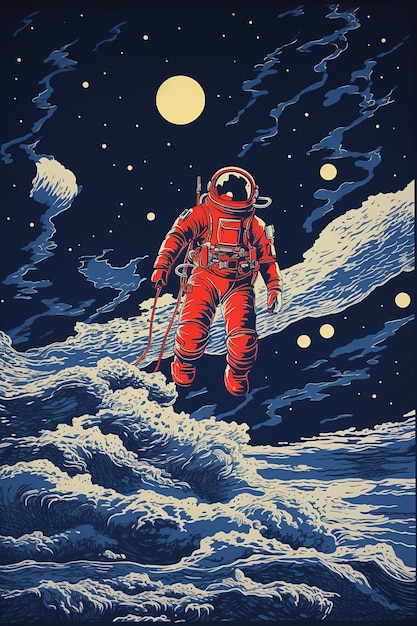 Astronauta en el planeta póster retro