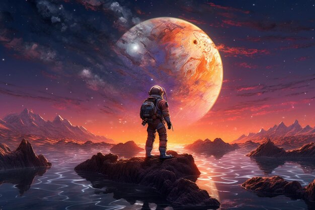 Un astronauta con un planeta y una puesta de sol en el ba