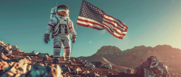 Astronauta planta a bandeira americana em planeta alienígena momento de orgulho para a humanidade conceito de viagem espacial e colonização