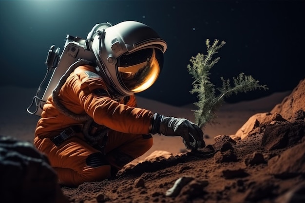 Astronauta planta plántulas de plantas en el suelo de otro planeta AI generativo