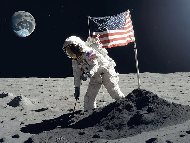 astronauta plantando la bandera de Japón en la luna