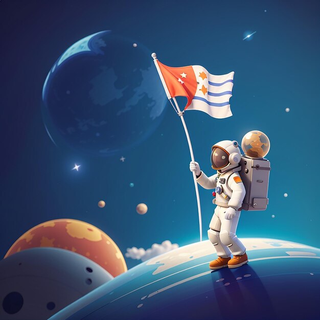 Foto astronauta pousando na lua segurando bandeira ícone vetorial de desenho animado ilustração tecnologia espacial ícone conceito isolado estilo de desenho animado vector plano premium