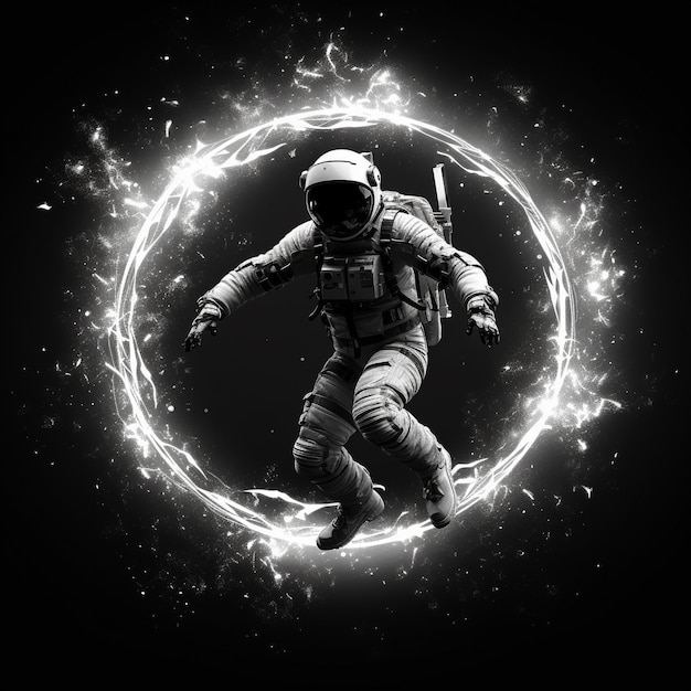 Foto astronauta preto e branco flutuando em anel brilhante no espaço