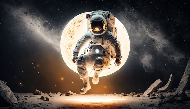 Astronauta pulando em um solo de planeta rochoso alienígena Generative AI