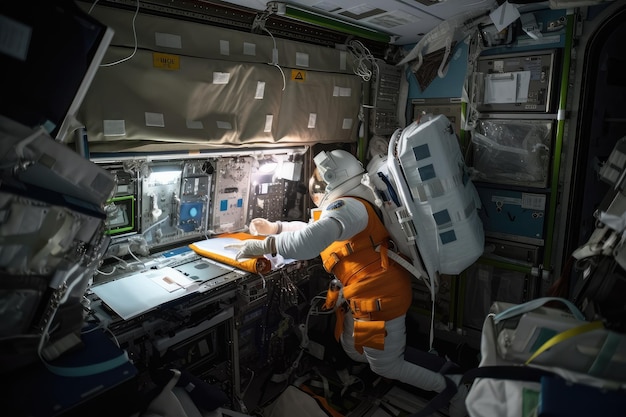 Foto astronauta realizando procedimento médico de emergência no espaço usando ferramentas especializadas para salvar um colega de tripulação