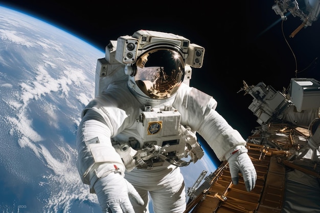 astronauta realizando uma caminhada espacial na estação espacial de espaço profundo e a Terra ao fundo