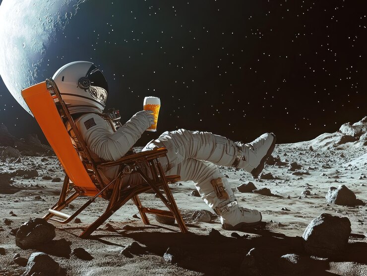 Astronauta relajándose en la Luna con una cerveza