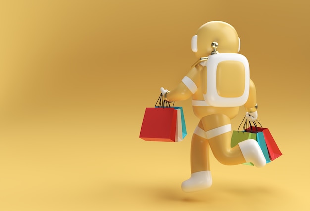 Astronauta de renderizado 3D con diseño de ilustración 3D de bolsas de la compra.