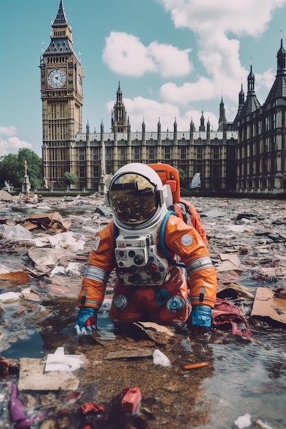 Foto astronauta rodeado de basura contra el fondo del palacio de westminster generado por la ia