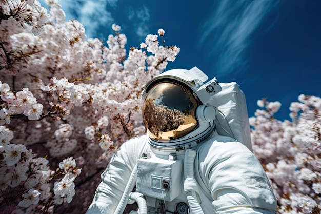 Astronauta rodeado de flores florecientes y cielo azul claro