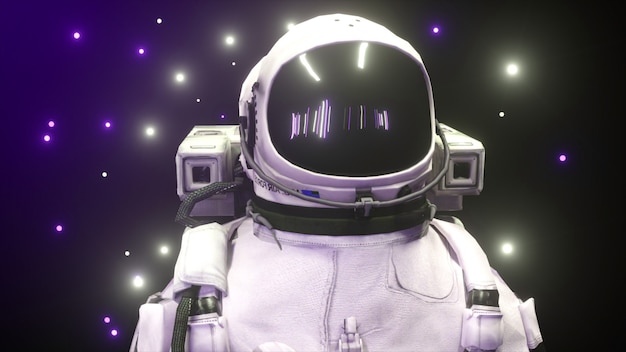 Astronauta rodeado de luces de neón intermitentes. Concepto de música y discoteca.