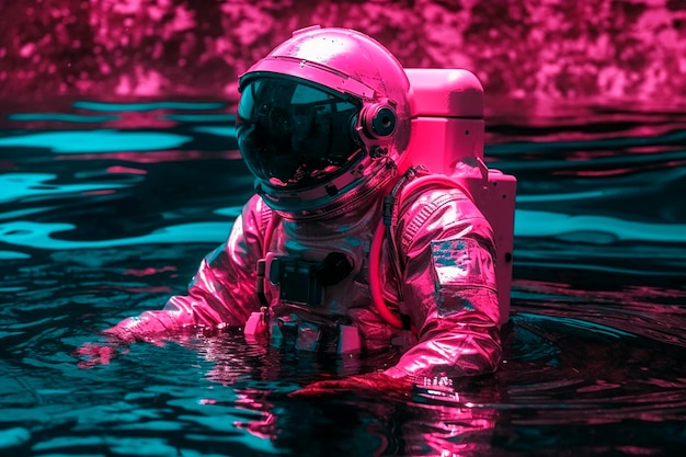 Un astronauta rosa en un cuerpo de agua con la palabra rosa.