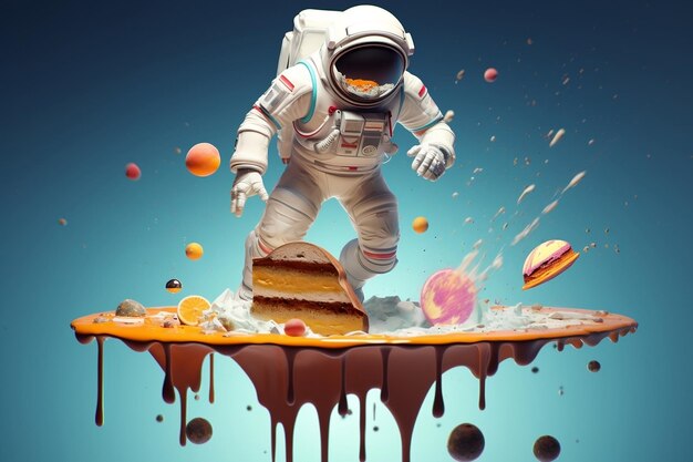 Astronauta saltando dentro de un pastel en el espacio IA generativa