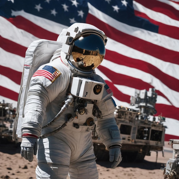 Foto astronauta saludando la bandera estadounidense animación cg